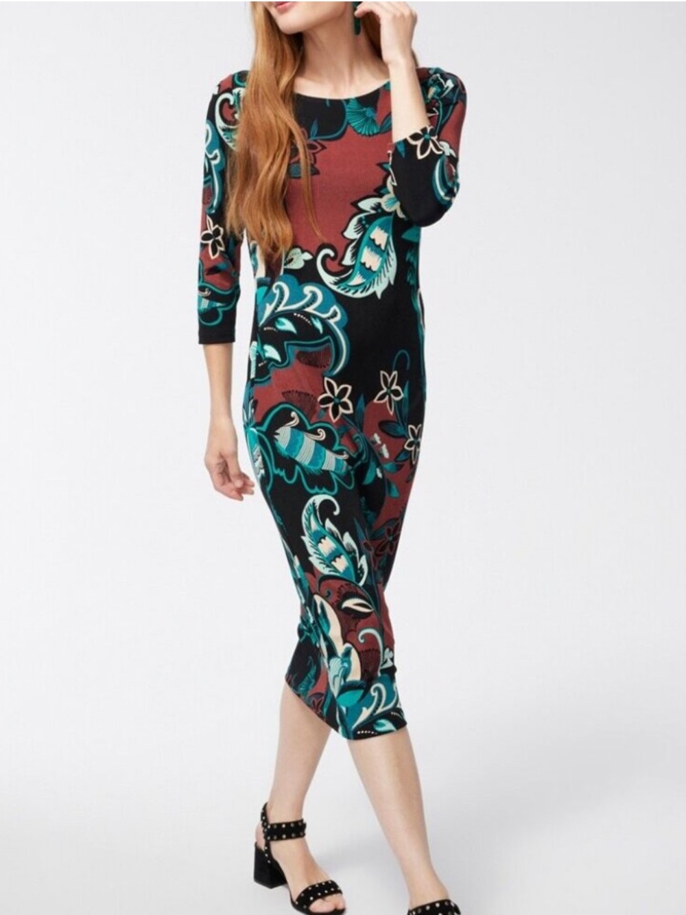 Chico's Teal, Burgundy & Black Floral Ponte Midi Dress